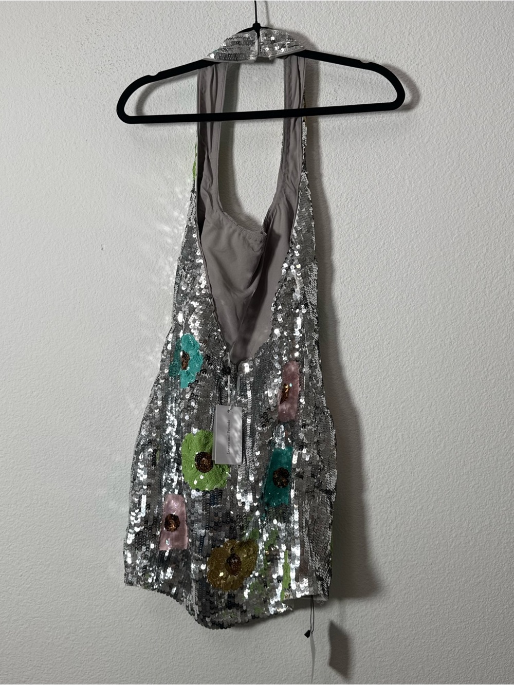 Lovers and Friends Mia Embellished Sequin Floral Halter Mini Dress Silver M NWT - Picture 3 of 9